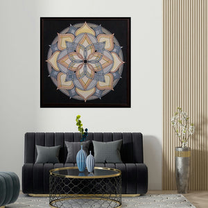 Manju Lamba's 'LOTUS BLOOMING (Symmetrical Harmony)' painting visualized above a sofa in a contemporary room.