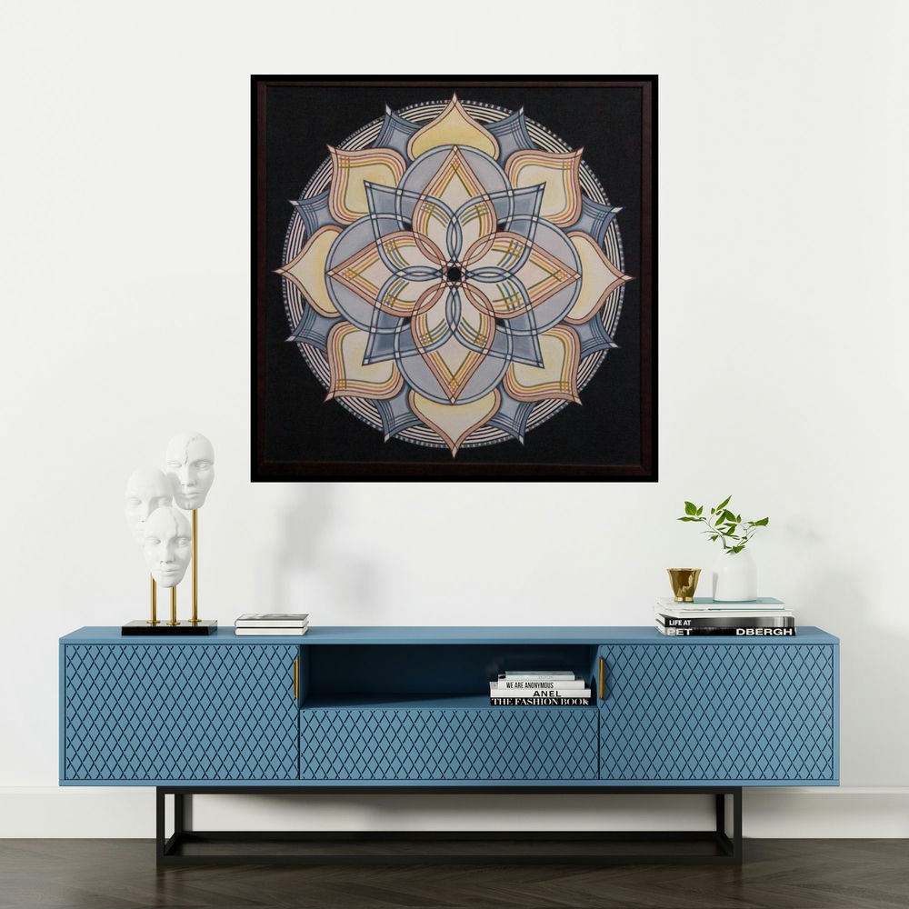 'LOTUS BLOOMING (Symmetrical Harmony)' painting by Manju Lamba shown on a wall in a furnished room.
