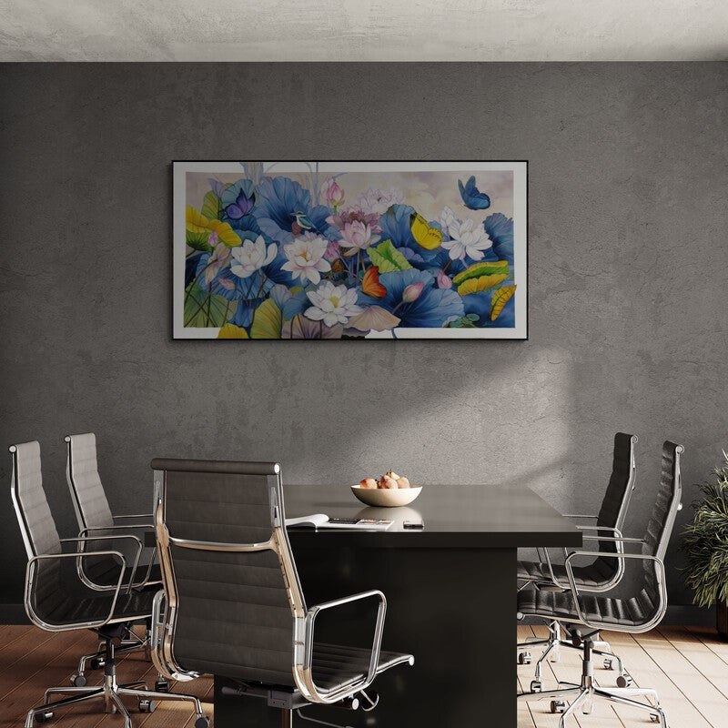 In-situ view of Sulakshana Dharmadhikari's 'Lotus With Butterfles And Bird' painting in a room