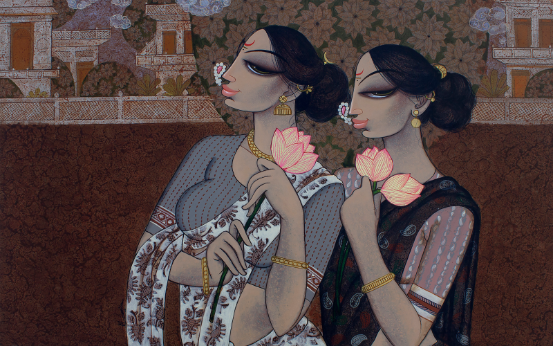 The Lotus Friends' figurative acrylic painting by artist Varsha R Kharatmal, 30x48 inch, on canvas