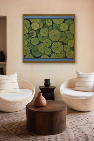 Lotus Leaves Pichwai by artist Pushkar Lohar Pichwai displayed in a Luxury gallery