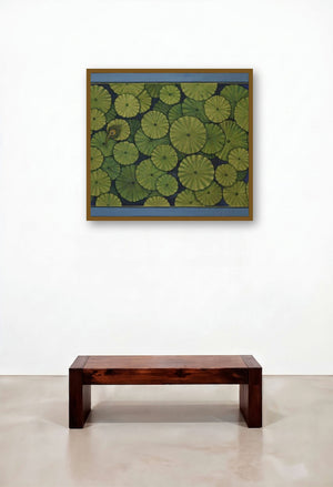 Lotus Leaves Pichwai by artist Pushkar Lohar Pichwai displayed in a Traditional Executive Office