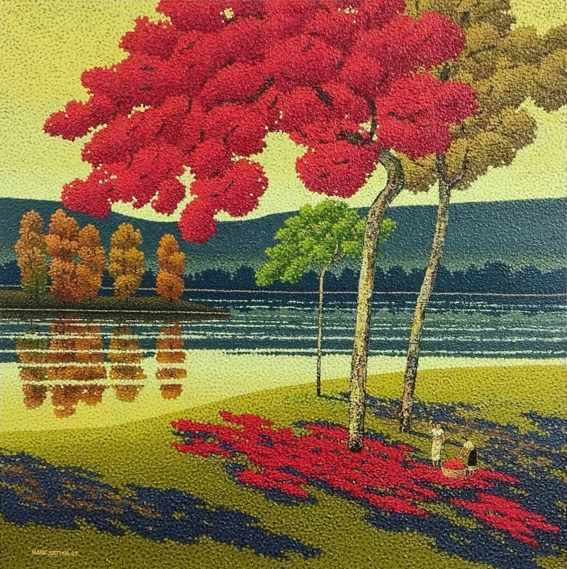 Lotus Pond 1' nature acrylic painting by artist Satish Mane, 36x36 inch, on canvas