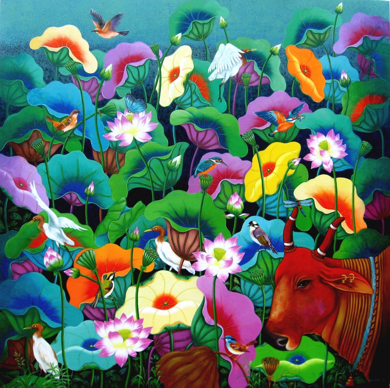 Lotus Pond' nature acrylic painting by artist Nur Ali, 48x48 inch, on canvas