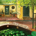 Lotus Pond' landscape oil painting by artist Subhashree Sridhar, 15x13 inch, on canvas