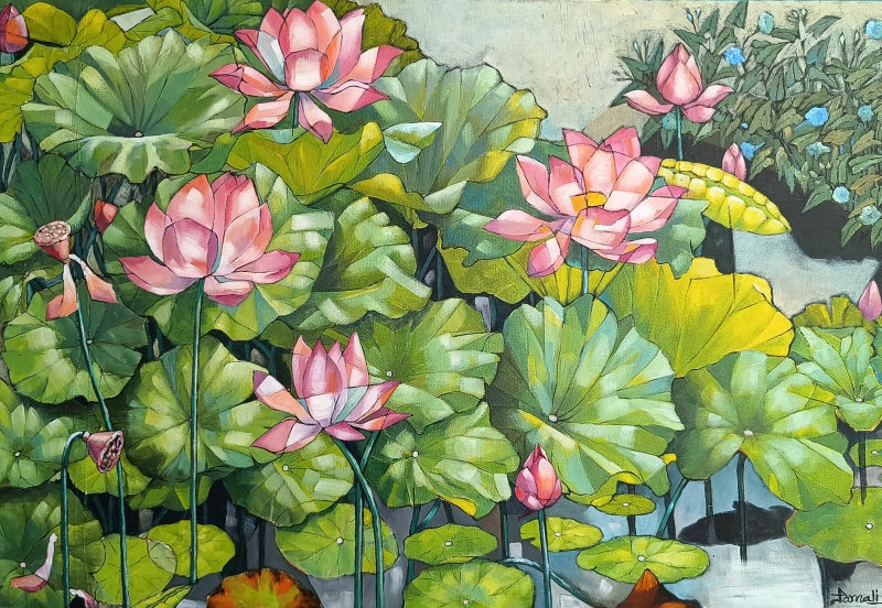 Lotus Pond' nature acrylic painting by artist Tamali Das, 24x36 inch, on canvas