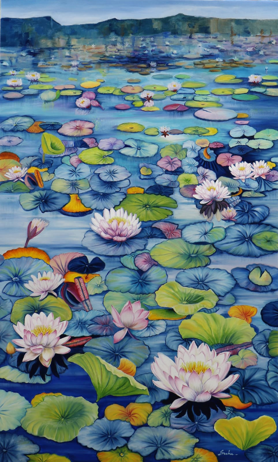 'Lotus Pond' nature oil painting by artist Sulakshana Dharmadhikar, 60x36 inch, on canvas
