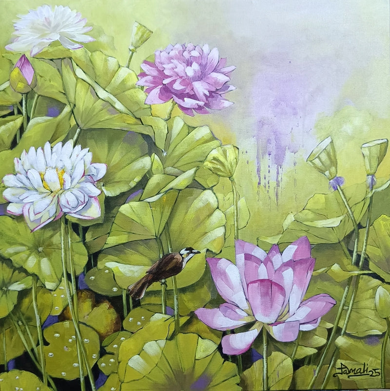 Lotus Pond' nature acrylic painting by artist Tamali Das, 24x24 inch, on canvas