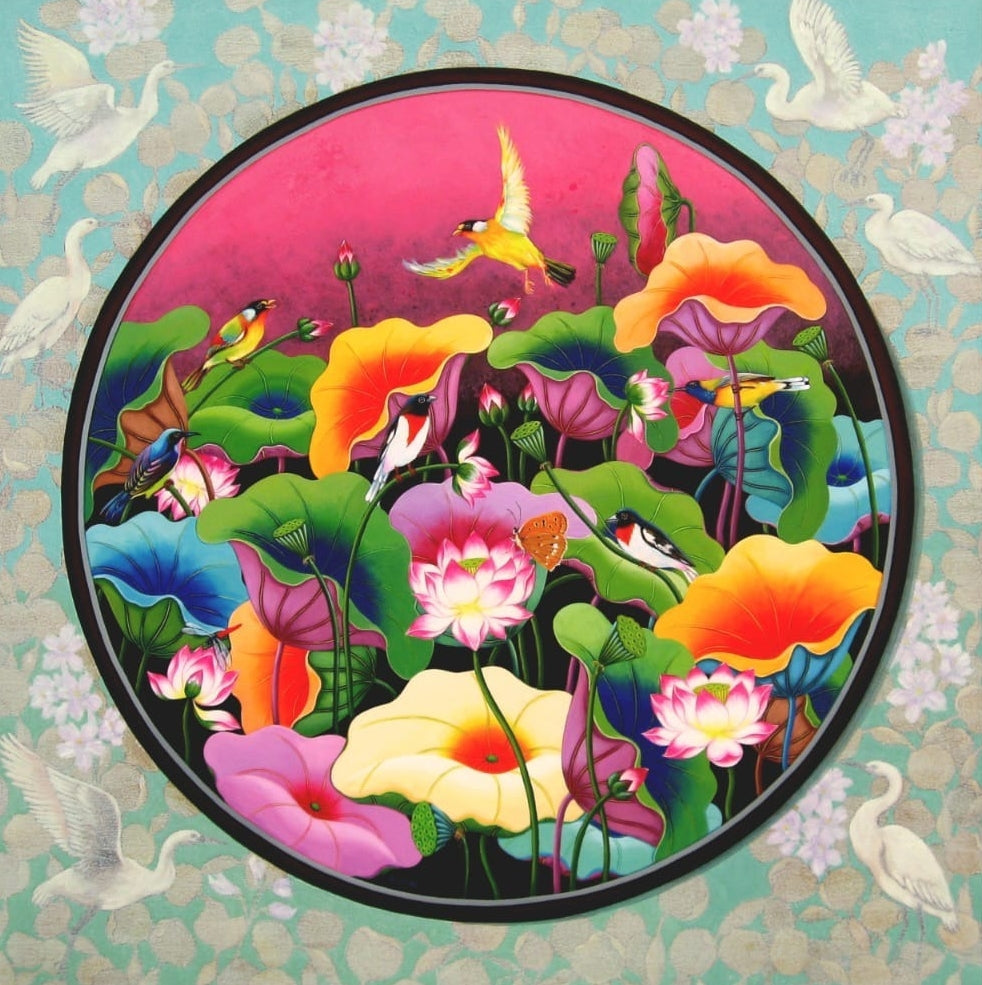 'Lotus Pond 16' nature acrylic painting by artist Nur Ali, 48x48 inch, on canvas