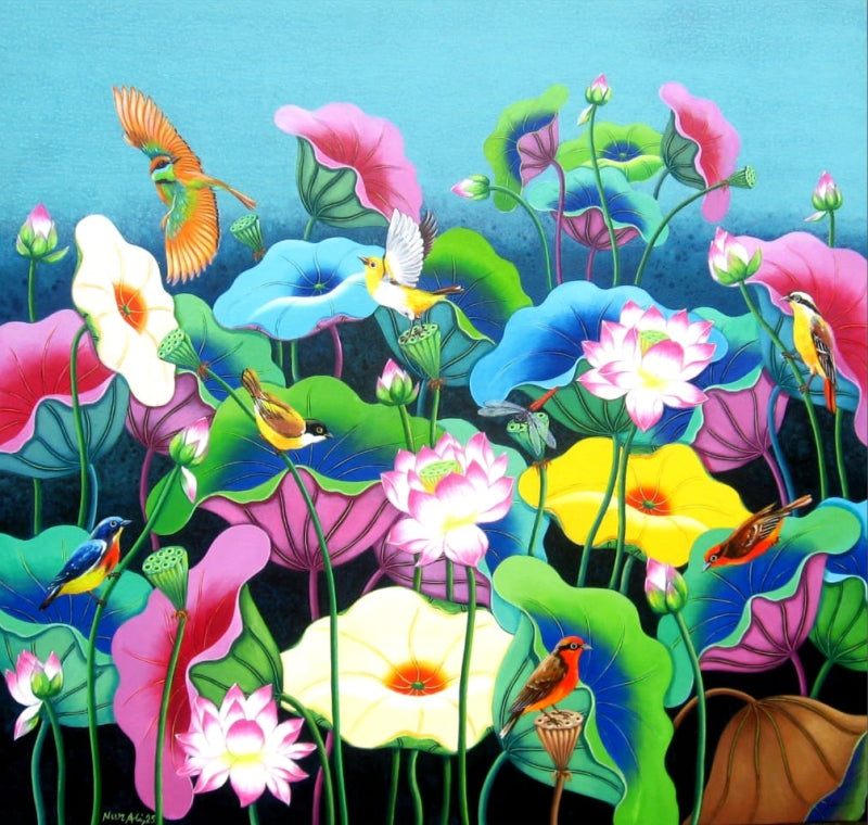 'Lotus Pond 19' nature acrylic painting by artist Nur Ali, 35x33 inch, on canvas