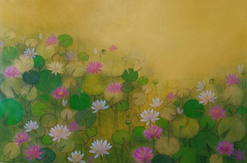 Nature acrylic painting titled 'Lotus Pond 2', 48x72 inches, by artist Ranjith Patil on Canvas