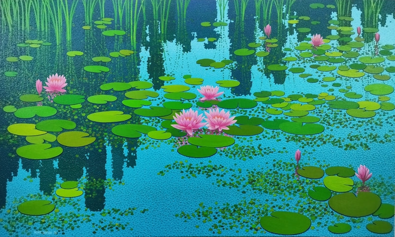 Lotus Pond 2' nature acrylic painting by artist Satish Mane, 36x60 inch, on canvas