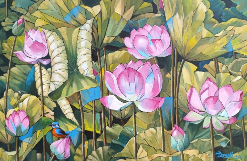 Lotus Pond 2' nature acrylic painting by artist Tamali Das, 26x40 inch, on canvas