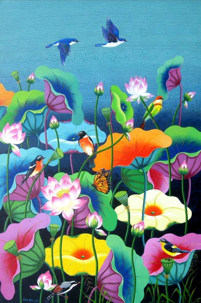 'Lotus Pond 20' nature acrylic painting by artist Nur Ali, 42x28 inch, on canvas