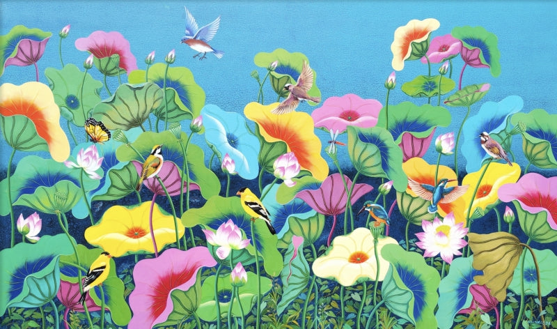 Lotus Pond 20' nature acrylic painting by artist Nur Ali, 48x72 inch, on canvas