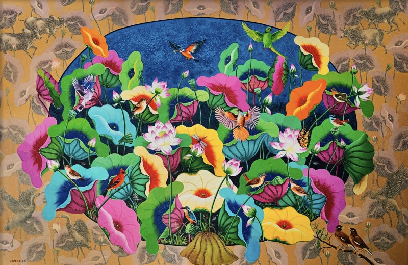 Lotus Pond 21' nature acrylic painting by artist Nur Ali, 36x60 inch, on canvas