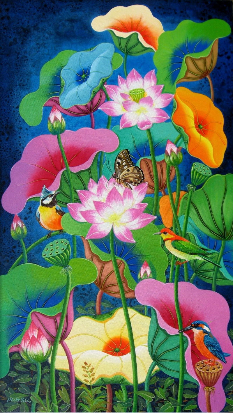 Lotus Pond 28' nature acrylic painting by artist Nur Ali, 28x16 inch, on canvas