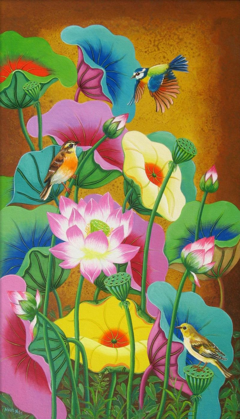 Lotus Pond 29' nature acrylic painting by artist Nur Ali, 28x16 inch, on canvas