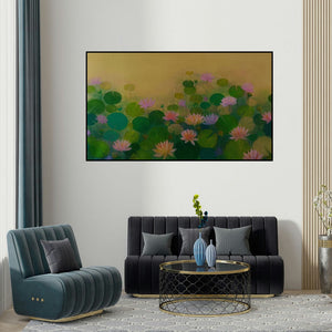 Ranjith Patil's 'Lotus Pond 3 (A Tranquil Oasis)' painting visualized above a sofa in a contemporary room.