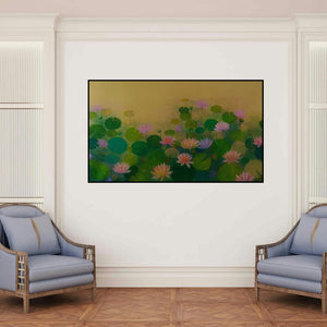 'Lotus Pond 3 (A Tranquil Oasis)' painting by Ranjith Patil shown on a wall in a furnished room.