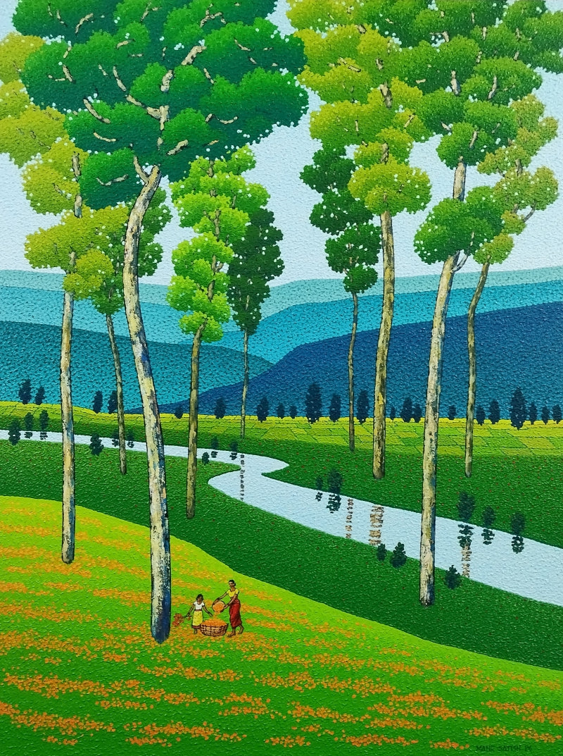Lotus Pond 3' nature acrylic painting by artist Satish Mane, 48x36 inch, on canvas