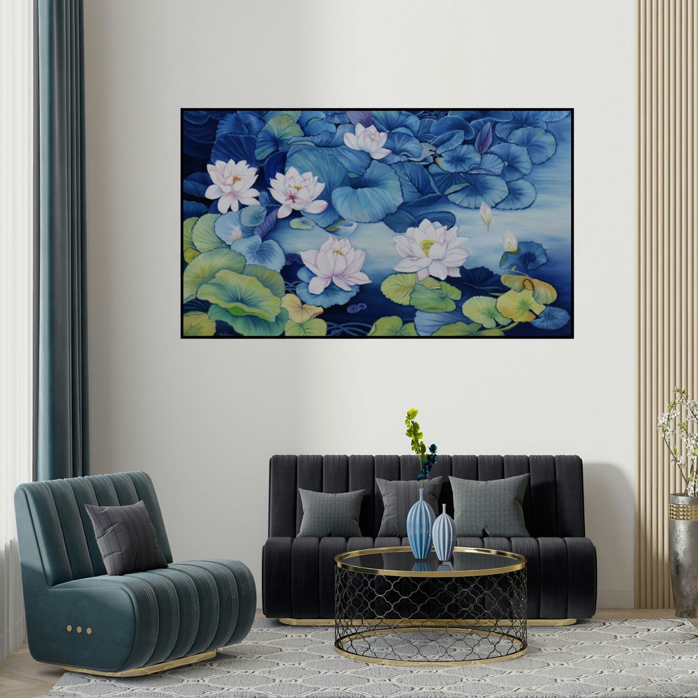 Sulakshana Dharmadhikari's 'Lotus Pond 36 (Serene Lotus Pond)' painting visualized above a sofa in a contemporary room.