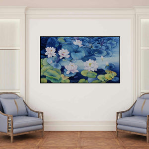 'Lotus Pond 36 (Serene Lotus Pond)' painting by Sulakshana Dharmadhikari shown on a wall in a furnished room.