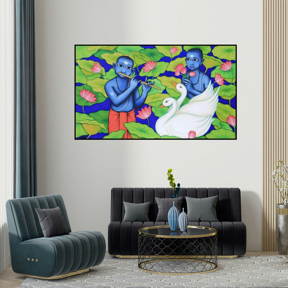 Nitin Ghangrekar's 'Lotus Pond (Divine Melody)' painting visualized above a sofa in a contemporary room.