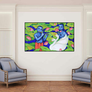 'Lotus Pond (Divine Melody)' painting by Nitin Ghangrekar shown on a wall in a furnished room.