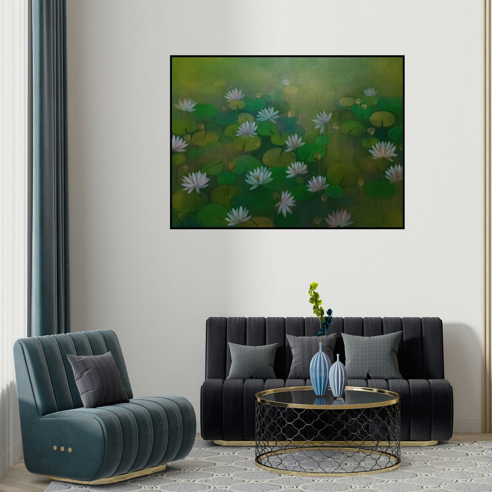 'Lotus Pond (A Tranquil Oasis)' painting by Ranjith Patil shown on a wall in a furnished room.