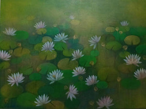Nature acrylic painting titled 'Lotus Pond', 36x48 inches, by artist Ranjith Patil on Canvas