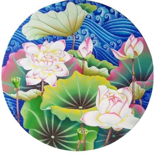 Lotus Pond' nature acrylic painting by artist Ramu Das, 30x30 inch, on canvas