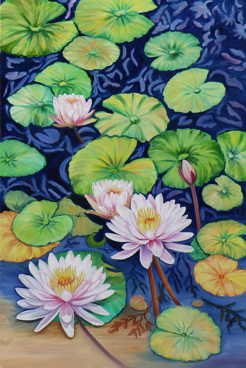 Lotus Pond' nature oil painting by artist Sulakshana Dharmadhikari, 36x24 inch, on canvas