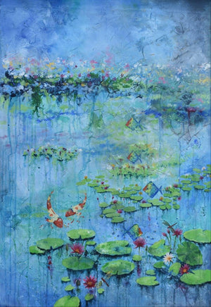 Lotus Pond (Water Garden) by Lisha N T, Original Acrylic Abstract Painting on Canvas, Medium Vertical Wall Art