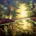 Lotus On River' nature oil painting by artist Sriram Chinnadurai, 36x48 inch, on canvas