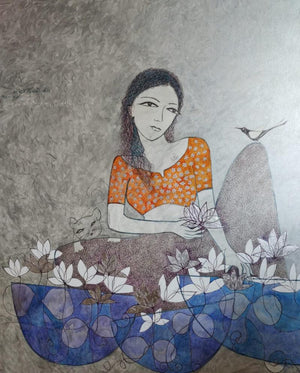Lotus Seller by Bhavana Sonawane, Original Acrylic Figurative Painting on Canvas, X-Large Vertical Wall Art