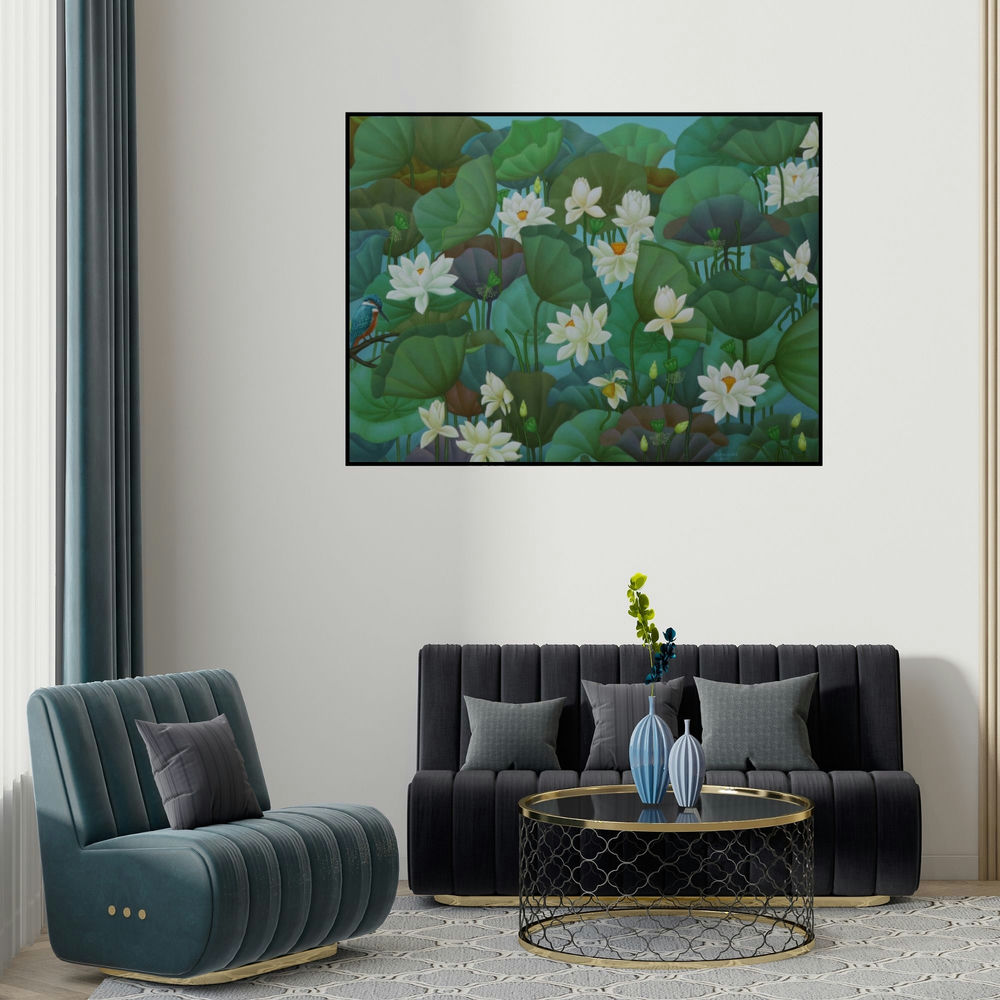 'Lotus Series 1' painting by Roy K John shown on a wall in a furnished room.