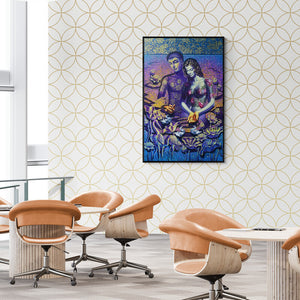 Preview of 'In Love 2 (Whispers of Love)' Painting by Prashanta Nayak shown on a wall in a furnished room.