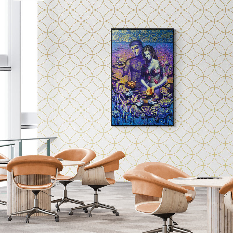 Preview of 'In Love 2 (Whispers of Love)' Painting by Prashanta Nayak shown on a wall in a furnished room.