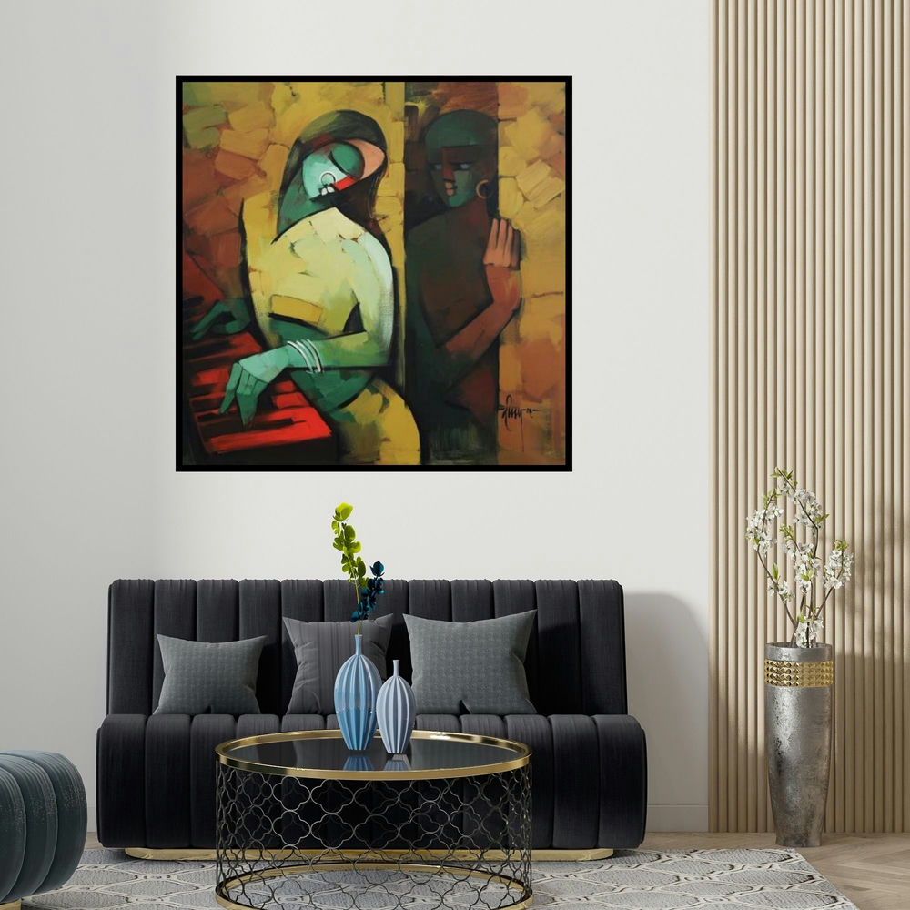 Deepa Vedpathak's 'Love' painting visualized above a sofa in a contemporary room.
