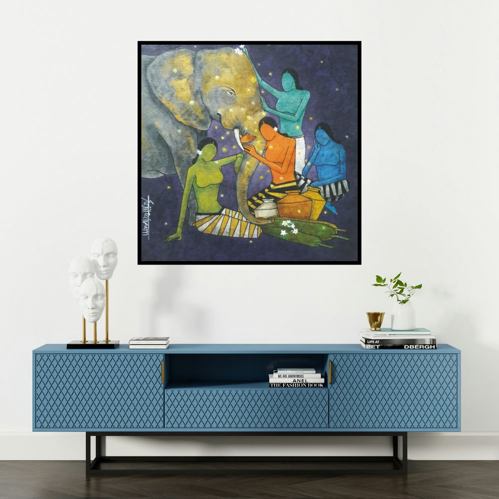 'Love (Elephant and Women)' painting by Sujit Giram shown on a wall in a furnished room.
