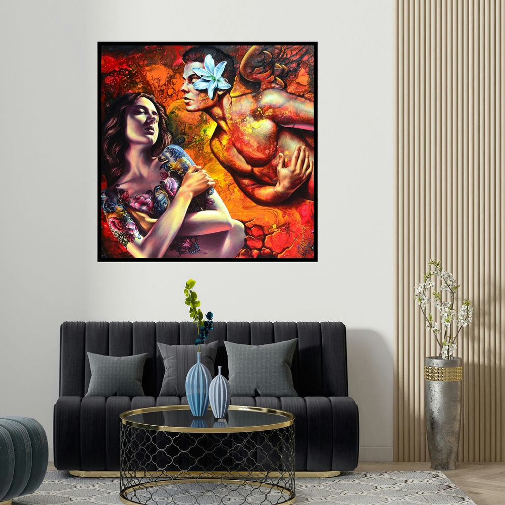 Prashanta Nayak's 'Love (Submerged Serenity)' painting visualized above a sofa in a contemporary room.