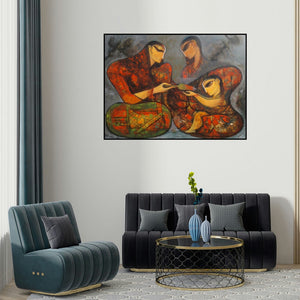 'Love (Tender Offering)' painting by Ramesh Gujar shown on a wall in a furnished room.