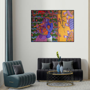 Sunita Dinda's 'Love' painting visualized above a sofa in a contemporary room.