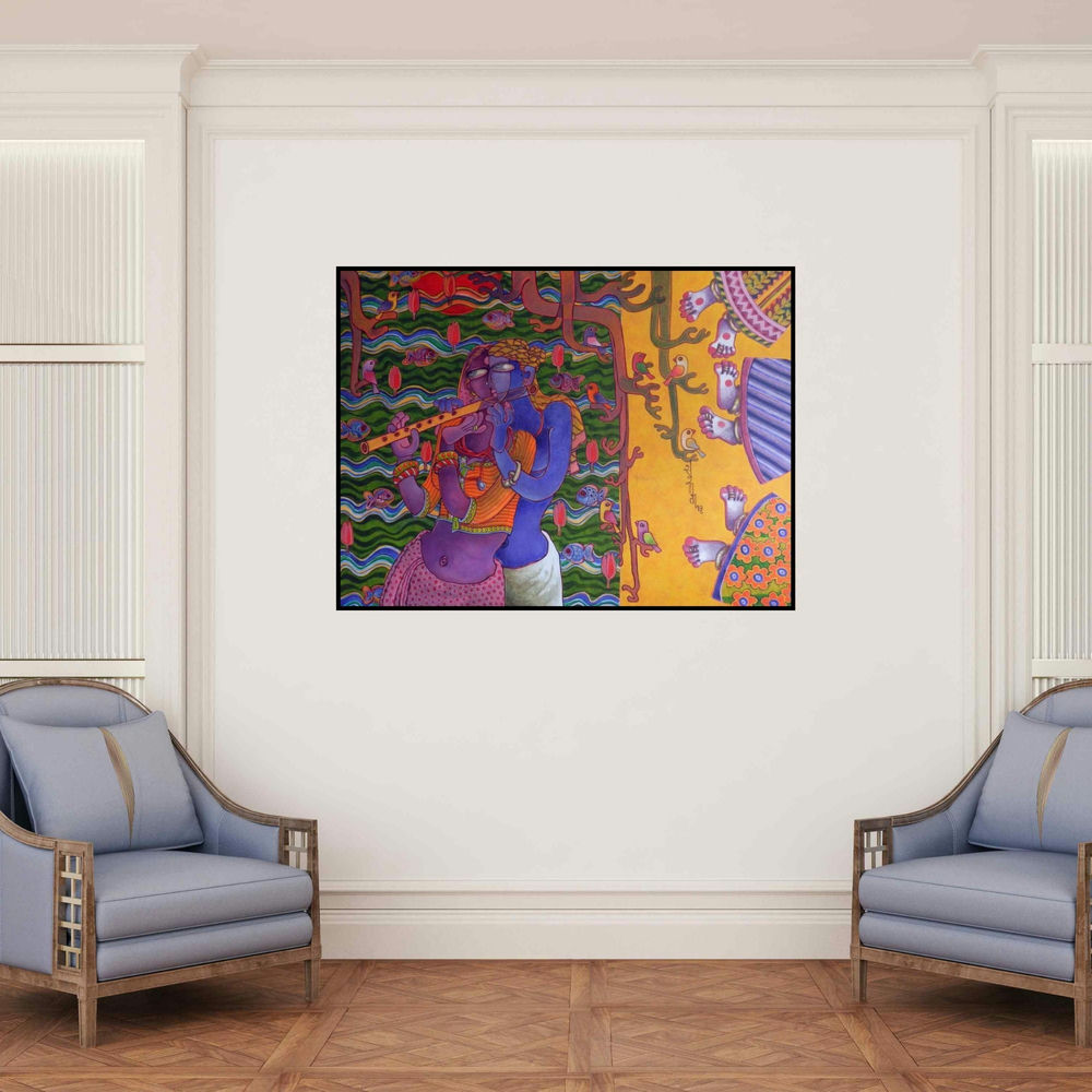 'Love' painting by Sunita Dinda shown on a wall in a furnished room.