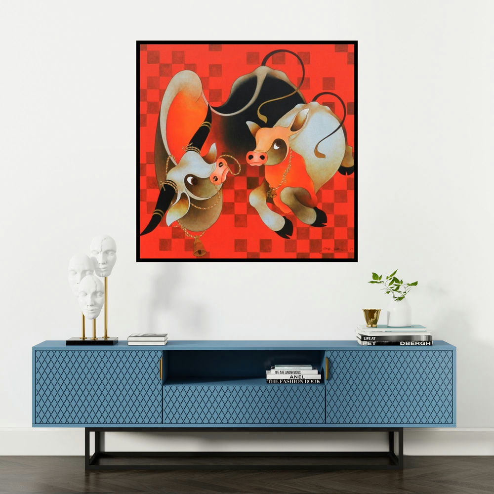 'Love And Affection 3' painting by H R Das shown on a wall in a furnished room.