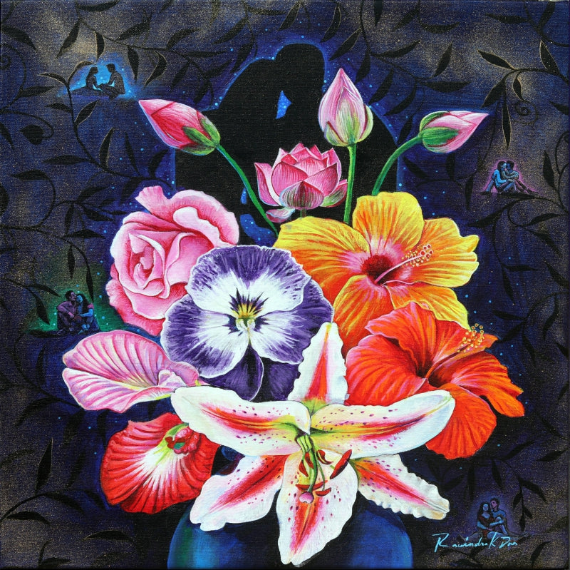 Love And Flower 1' figurative acrylic painting by artist Rawindra Das, 24x24 inch, on canvas