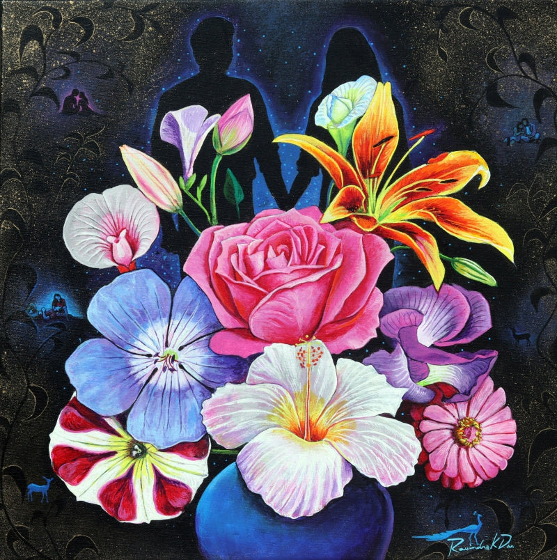 Love And Flower 3' figurative acrylic painting by artist Rawindra Das, 24x24 inch, on canvas