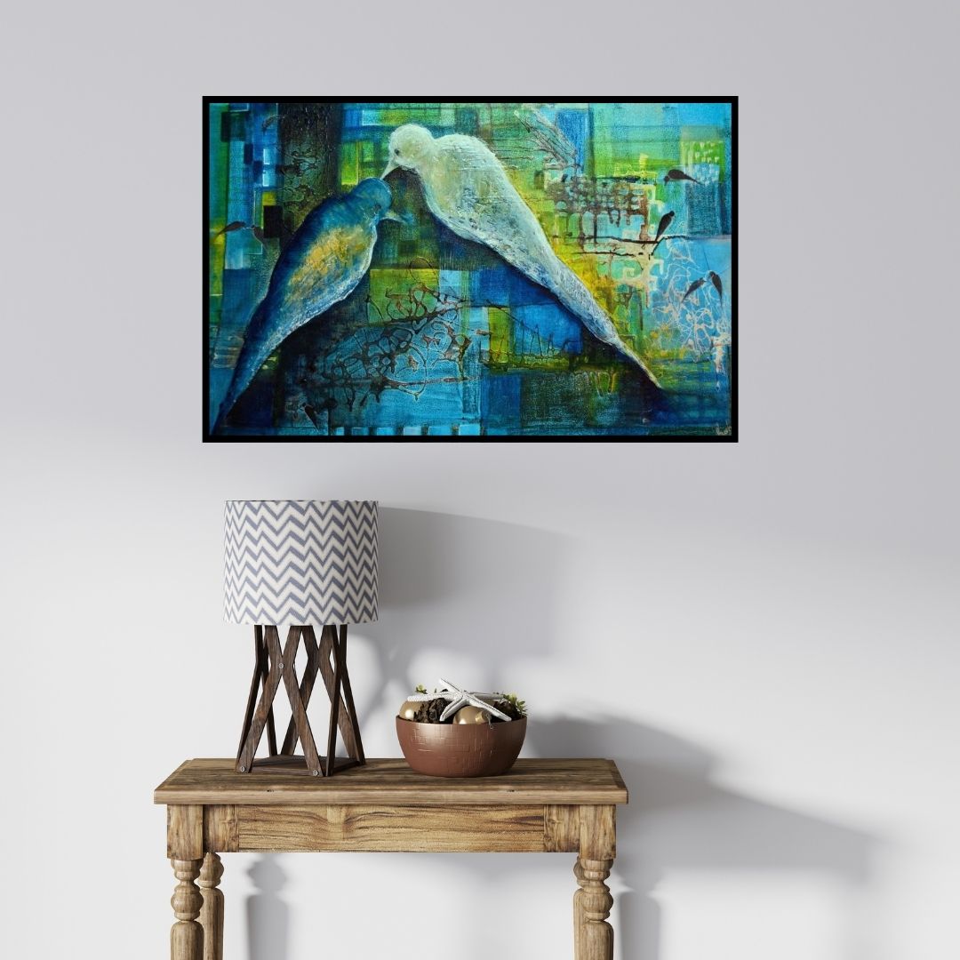 In-situ view of Shuchi Khanna's 'Love Birds' painting in a room