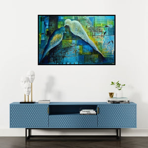 Preview of 'Love Birds' Painting by Shuchi Khanna shown on a wall in a furnished room.